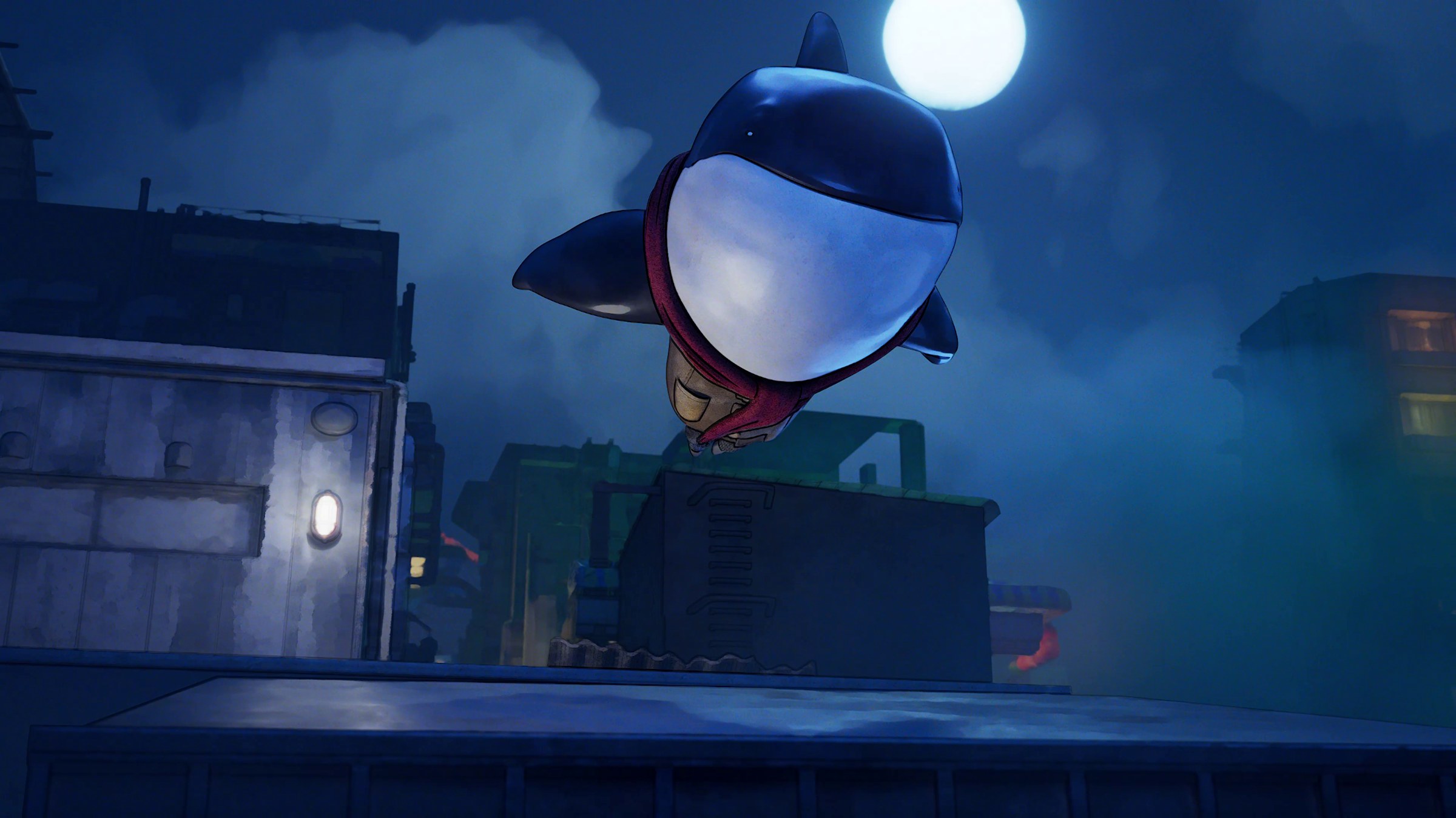 An airborne shark-like character at night