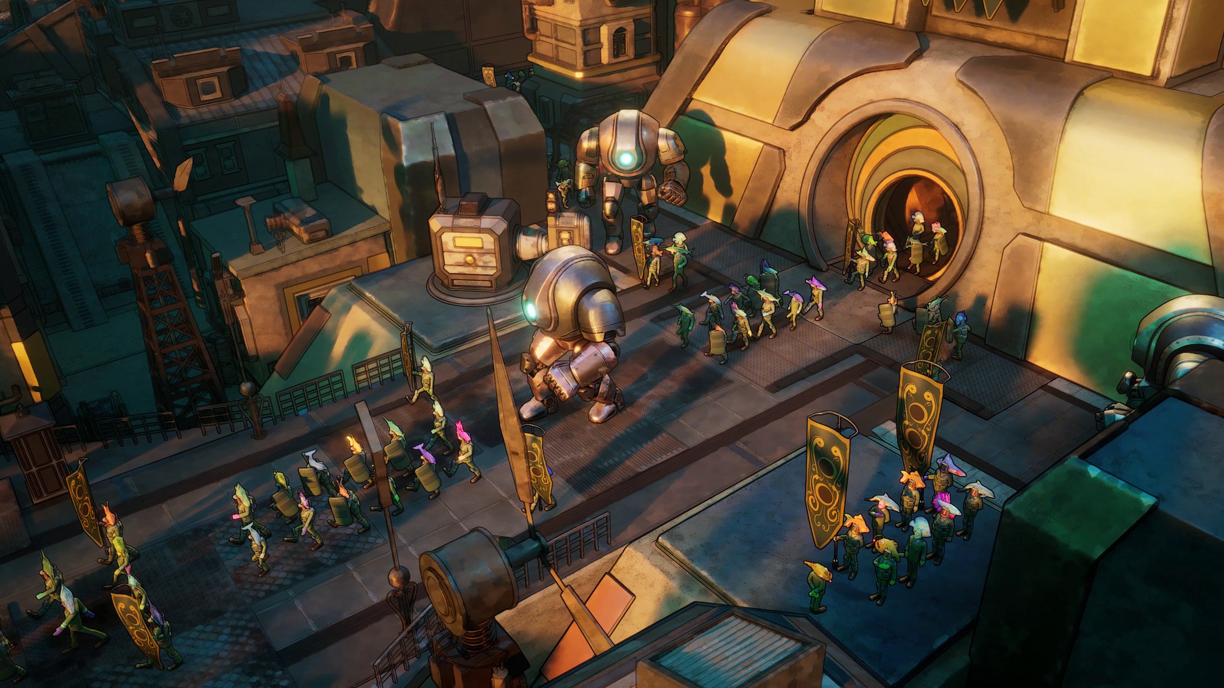 Robots and crowds gathered outside a city building