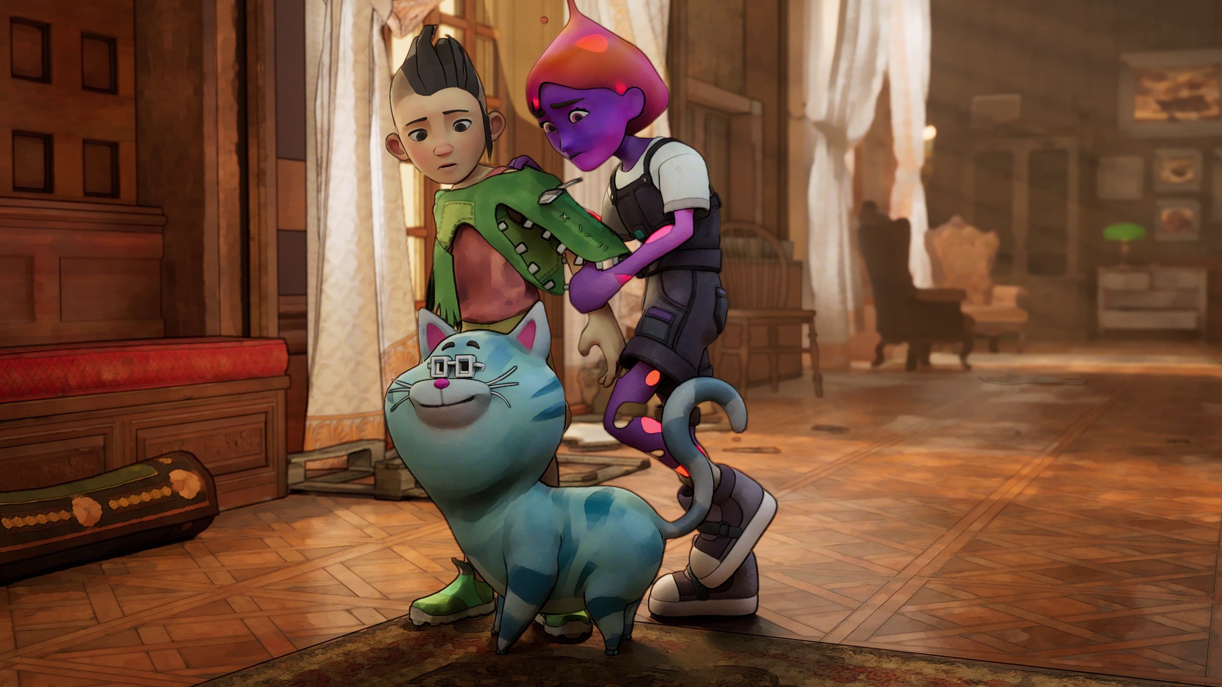 Three characters together in a warm interior